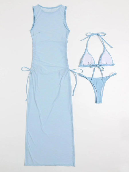 Maillot de bain brésilien à licou 3 pièces avec cover up en robe transparente