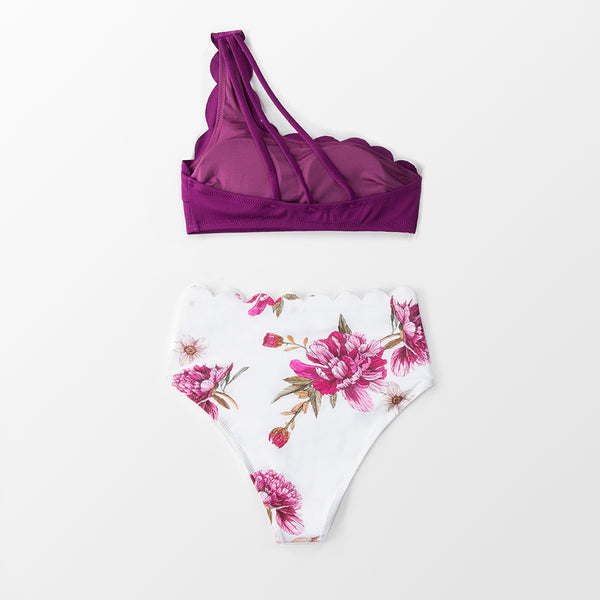 Maillot de bain asymétrique épaule dénudée deux pièces violet fleuri