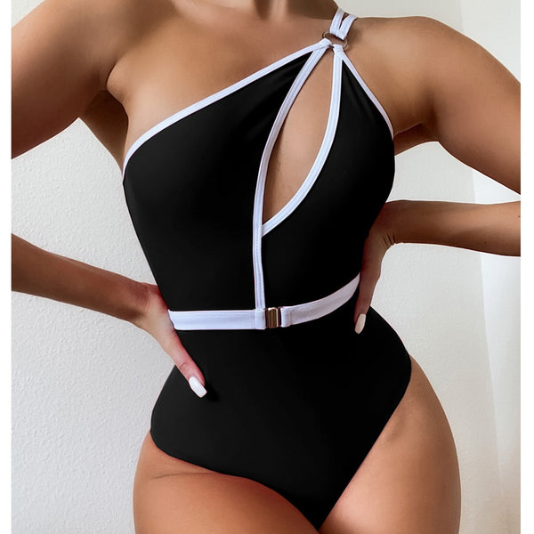 VigoCasey Hollow Out One Shoulder Swimwear Women 2022 Sexy One Piece Swimsuit Female High Waist Monokini Solid Belt Bathing Suit