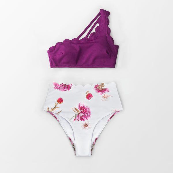 Maillot de bain asymétrique épaule dénudée deux pièces violet fleuri