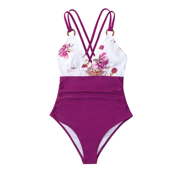 Maillot de bain une pièce violet floral col V plongeant