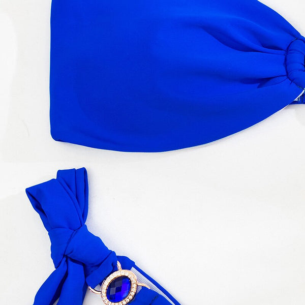 Maillot de bain deux pièces en bandeau décoré d'Emeraude bleu