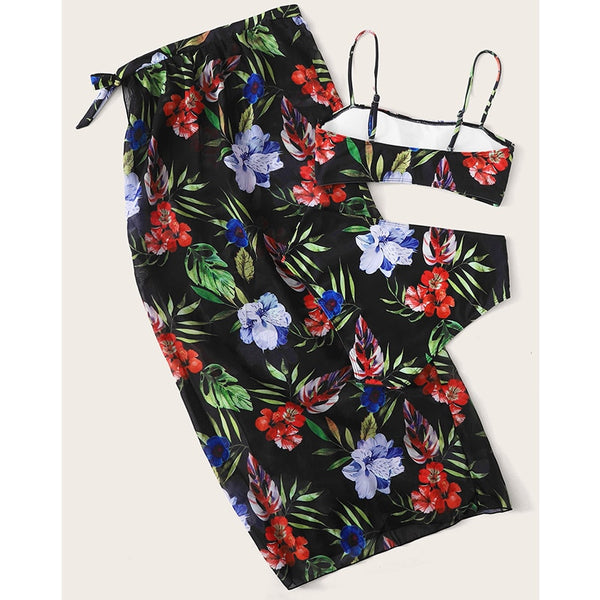 Maillot de bain 3 pièces (bikini 2 pièces en bandeau + une jupe en maille longue) imprimé floral